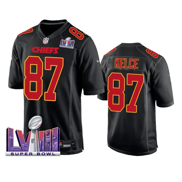  Mens Kansas City Chiefs #87 Travis Kelce 2024 Super Bowl LVIII Black Carbon Fashion Game Player Jersey 