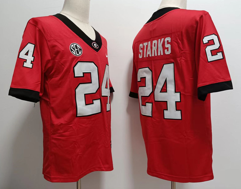 Mens Georgia Bulldogs #24 Malaki Starks Red Home Block Number College Football Game Jersey