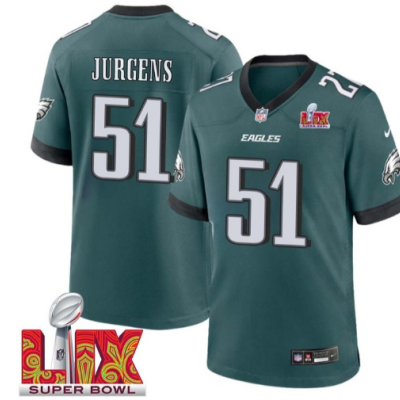 Cam Jurgens No 51 Men Super Bowl LIX Philadelphia Eagles Home Game 2025 Jersey- Replica