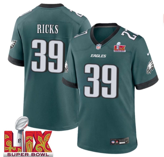 Eli Ricks No 39 Men Super Bowl LIX Philadelphia Eagles Home Game 2025 Jersey- Replica