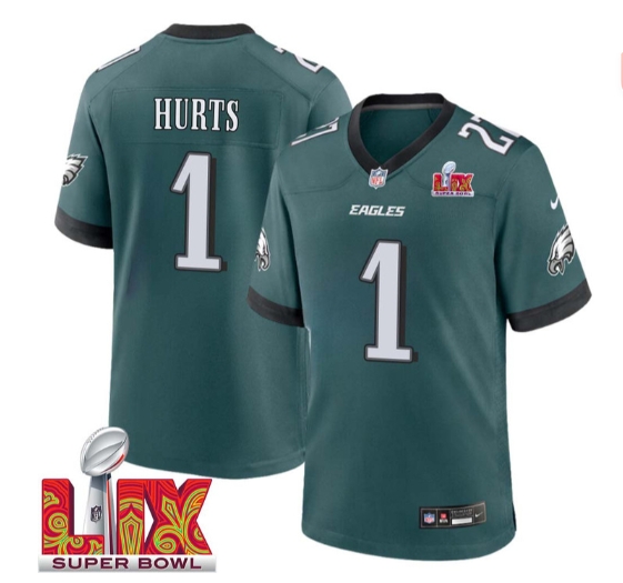 Jalen Hurts No 1 Men Super Bowl LIX Philadelphia Eagles Home Game 2025 Jersey- Replica