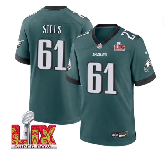 Josh Sills No 61 Men Super Bowl LIX Philadelphia Eagles Home Game 2025 Jersey- Replica