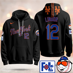 Men's Black New York Mets 12 Lindor Black Pullover Hoodie