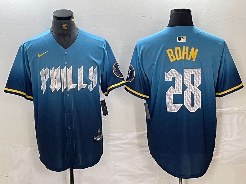 Men's Philadelphia Phillies #28 Alec Bohm Blue 2024 City Player Number Cool Base Stitched Jersey